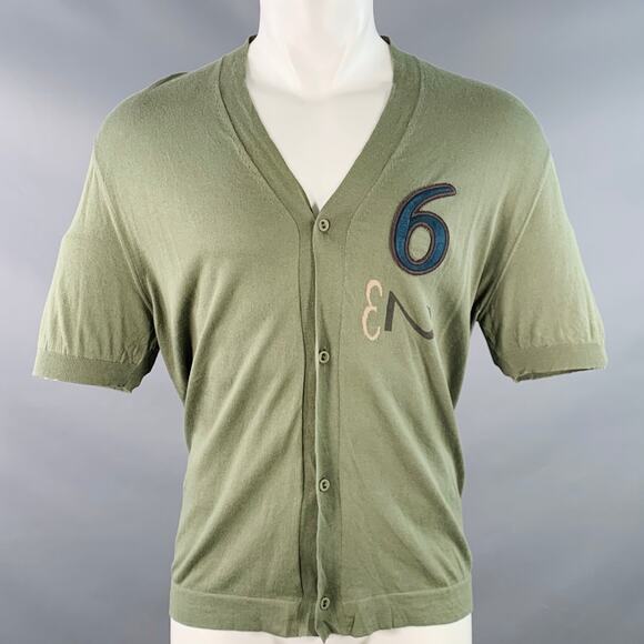 BOTTEGA VENETA M Green Blue Numbers Applique Cotton V-Neck Short Sleeve Shirt - Picture 1 of 6
